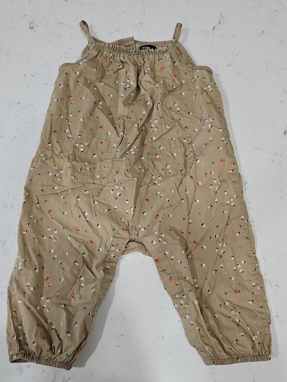 GAP Baby Tan Floral Strap Romper with Pocket Detail
